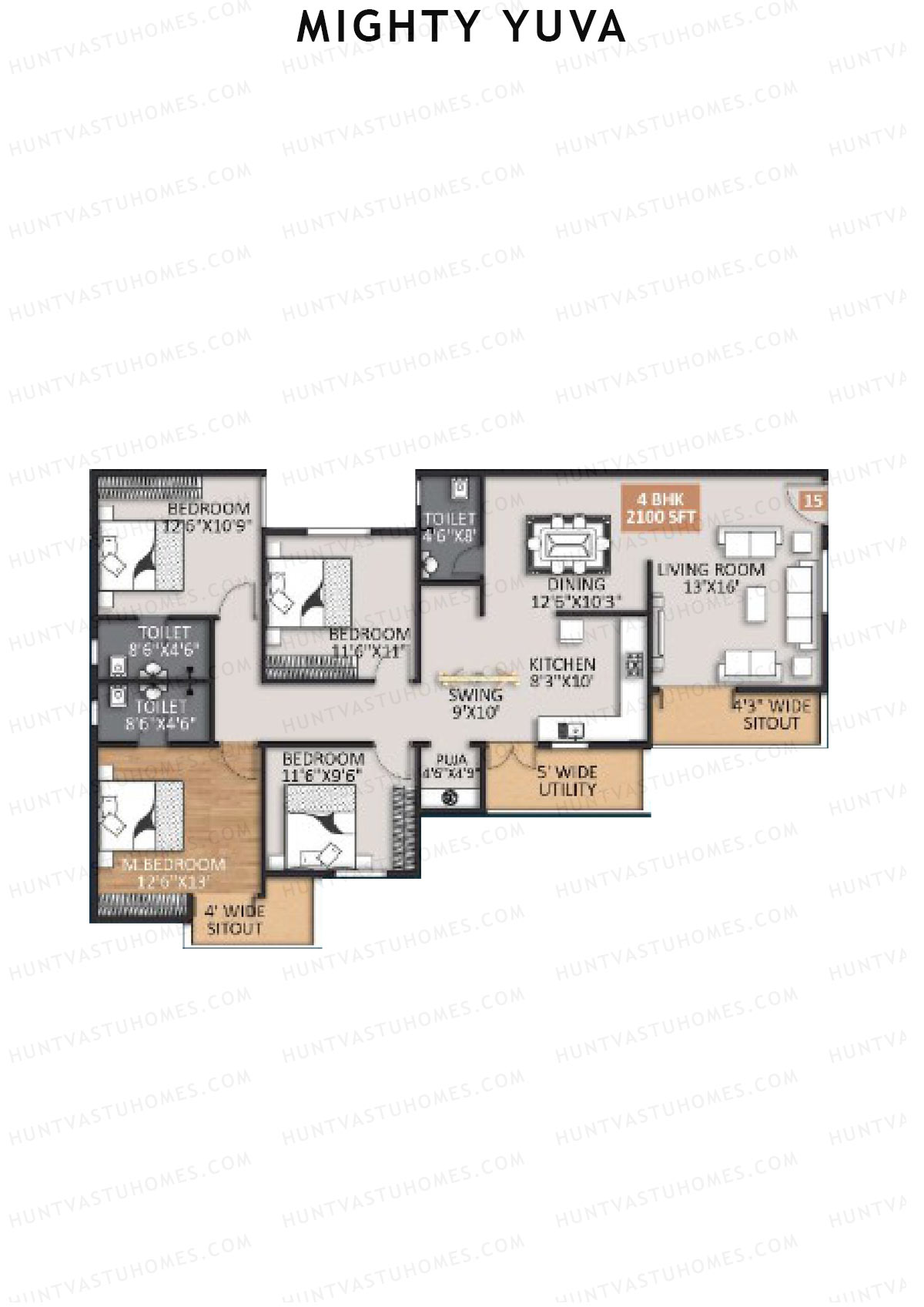 Mighty Yuva, Tower A, Unit 15, 4BHK, Super Area 2100   sq ft 