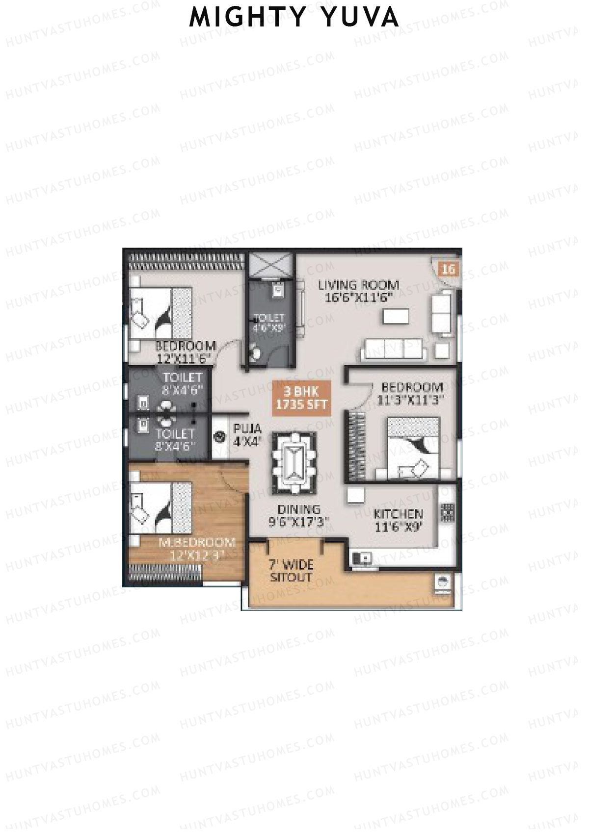 Mighty Yuva, Tower A, Unit 16, 3BHK, Super Area 1735   sq ft 
