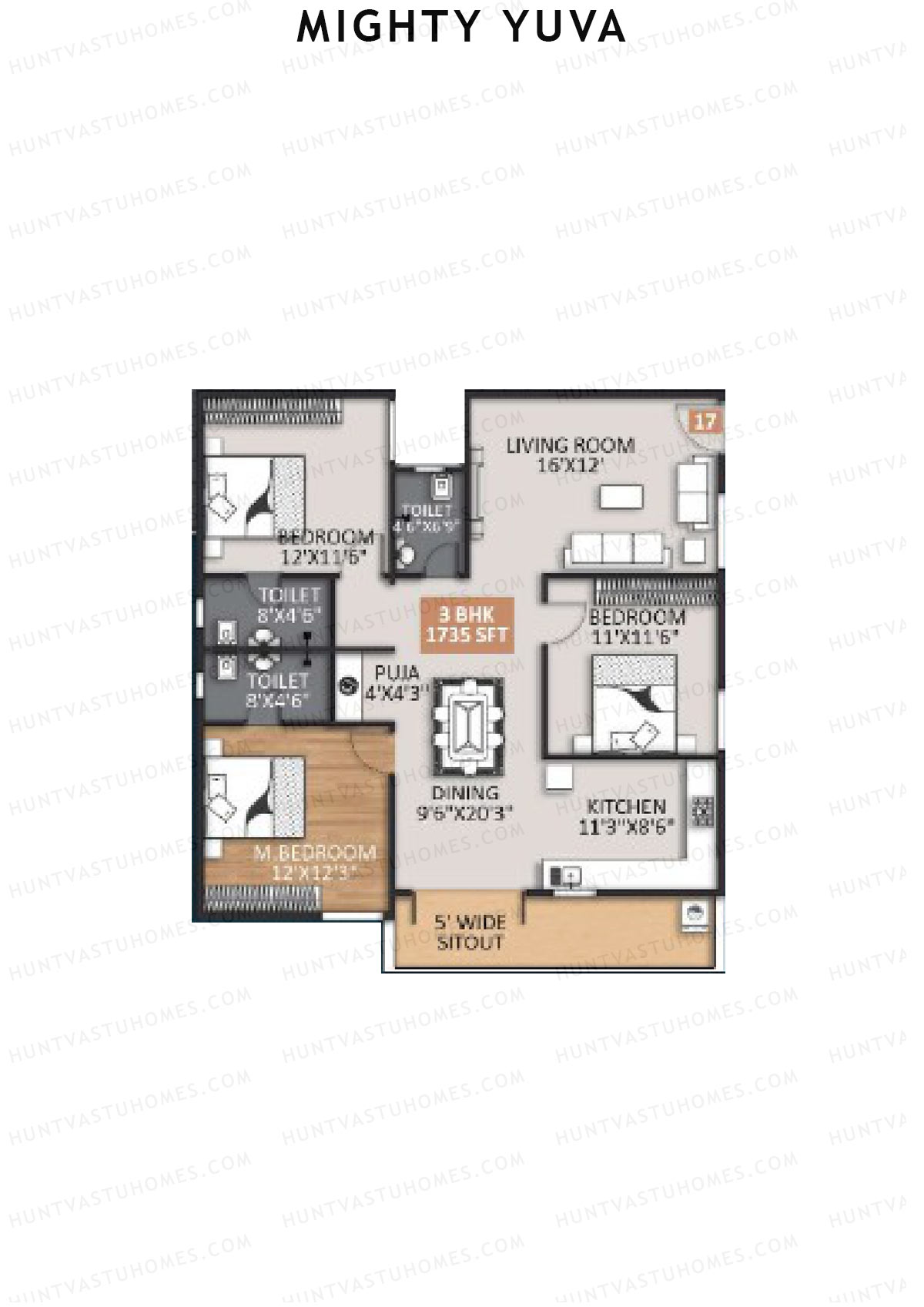Mighty Yuva, Tower A, Unit 17, 3BHK, Super Area 1735   sq ft 
