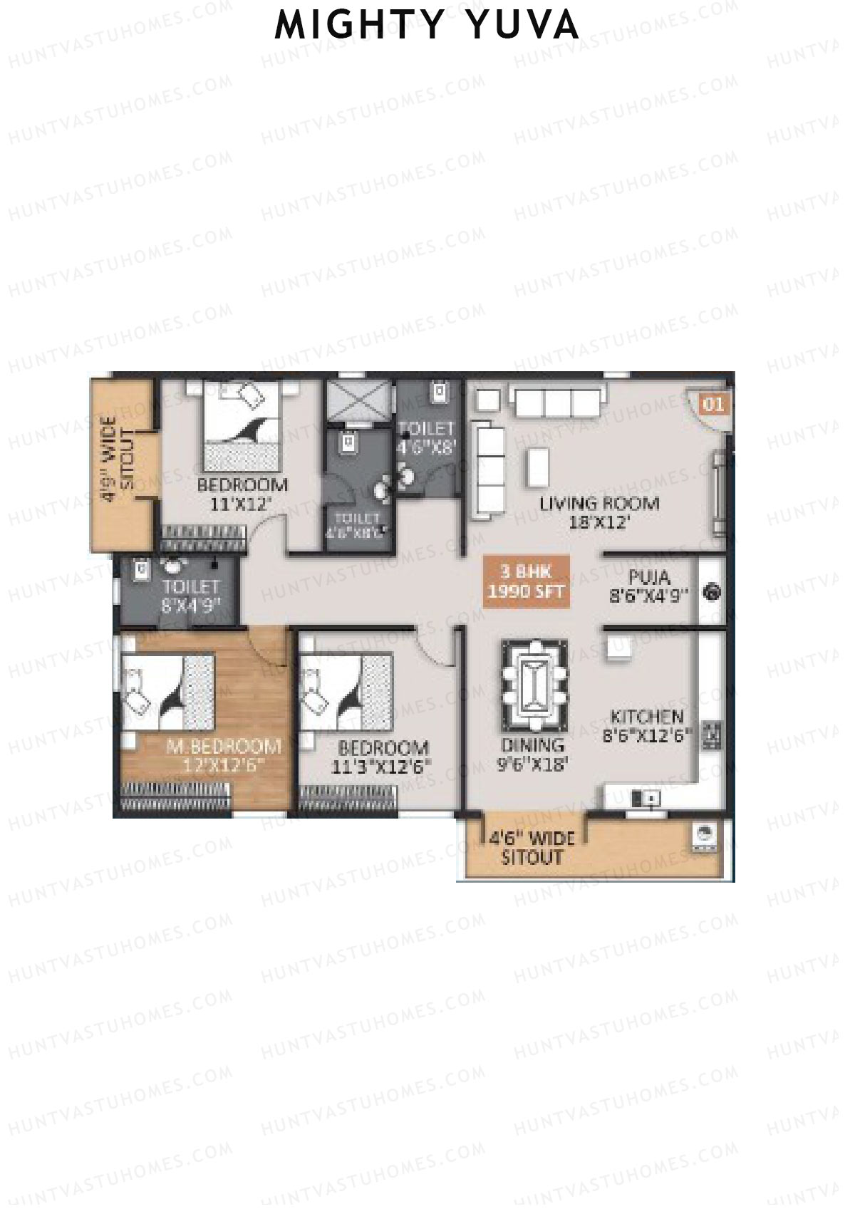 Mighty Yuva, Tower A, Unit 1, 3BHK, Super Area 1990   sq ft 