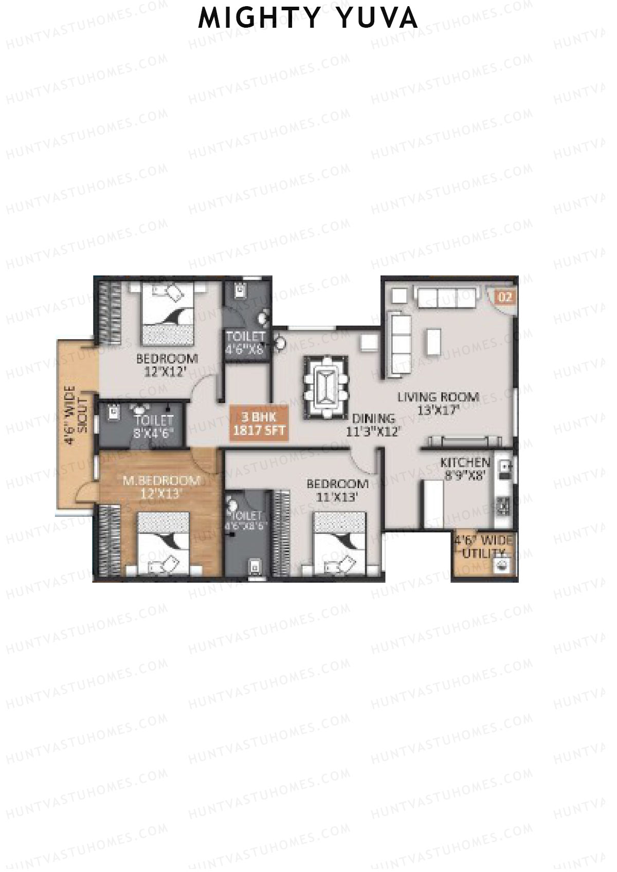 Mighty Yuva, Tower A, Unit 2, 3BHK, Super Area 1817   sq ft 