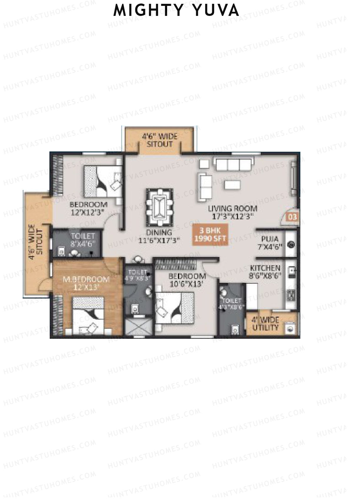 Mighty Yuva, Tower A, Unit 3, 3BHK, Super Area 1990   sq ft 