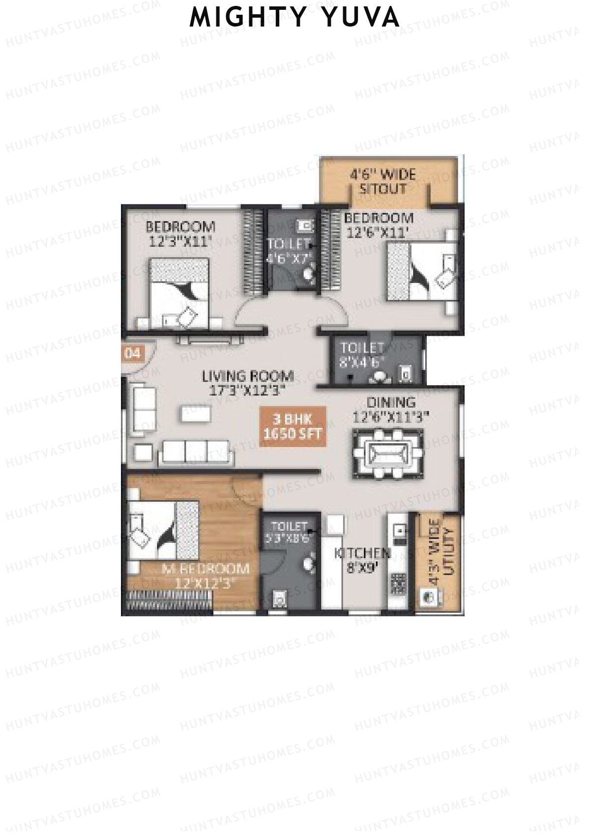 Mighty Yuva, Tower A, Unit 4, 3BHK, Super Area 1650   sq ft 