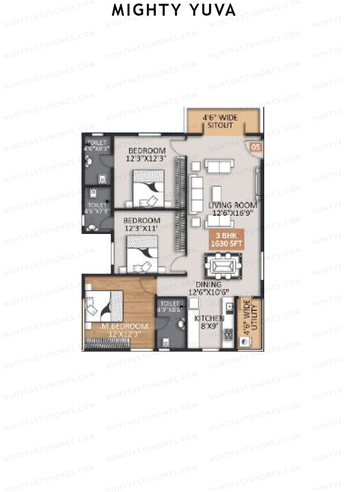Mighty Yuva, Tower A, Unit 5, 3BHK, Super Area 1630   sq ft 