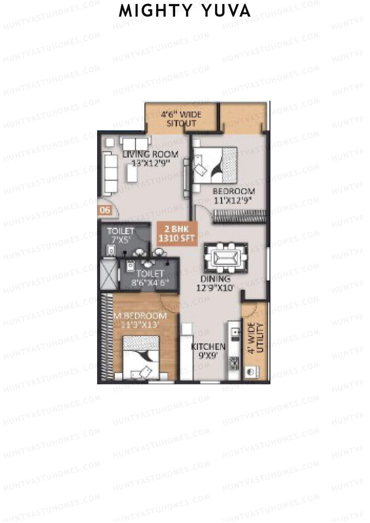 Mighty Yuva, Tower A, Unit 6, 2BHK, Super Area 1310   sq ft 