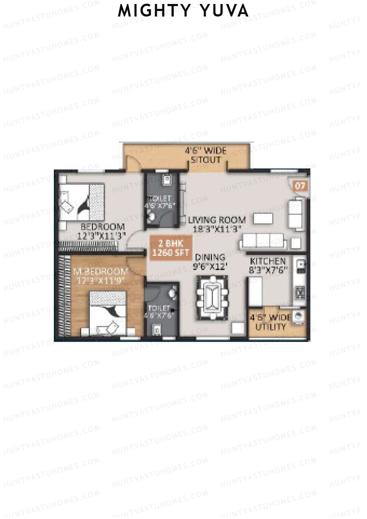 Mighty Yuva, Tower A, Unit 7, 2BHK, Super Area 1260   sq ft 