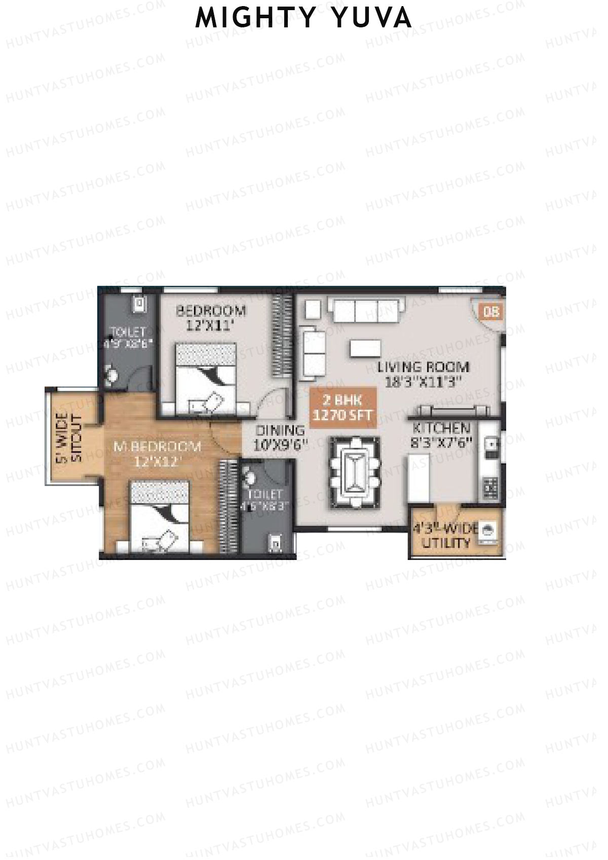 Mighty Yuva, Tower A, Unit 8, 2BHK, Super Area 1270   sq ft 