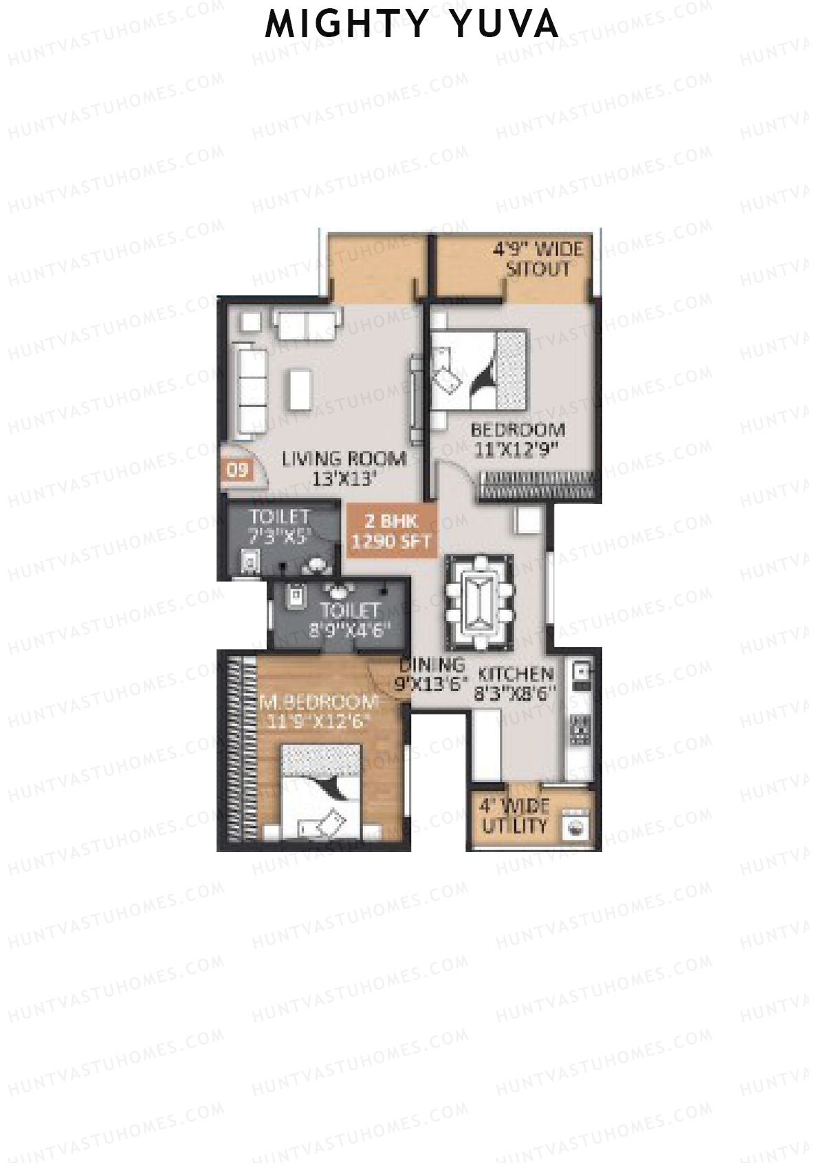 Mighty Yuva, Tower A, Unit 9, 2BHK, Super Area 1290   sq ft 