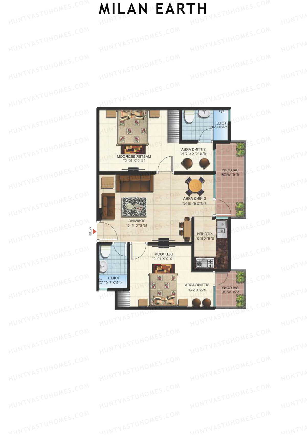 Milan Earth, Block A, Unit 10 (Type 3), 2BHK, Super Area 1095   sq ft 