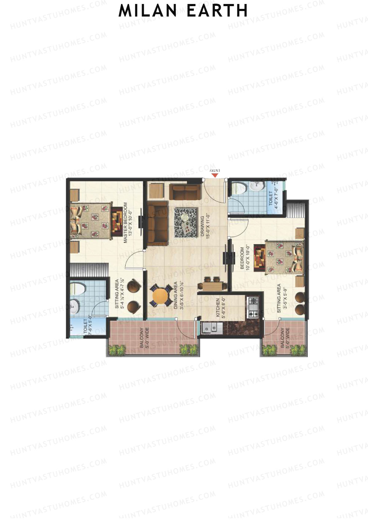 Milan Earth, Block A, Unit 15 (Type 3), 2BHK, Super Area 1095   sq ft 