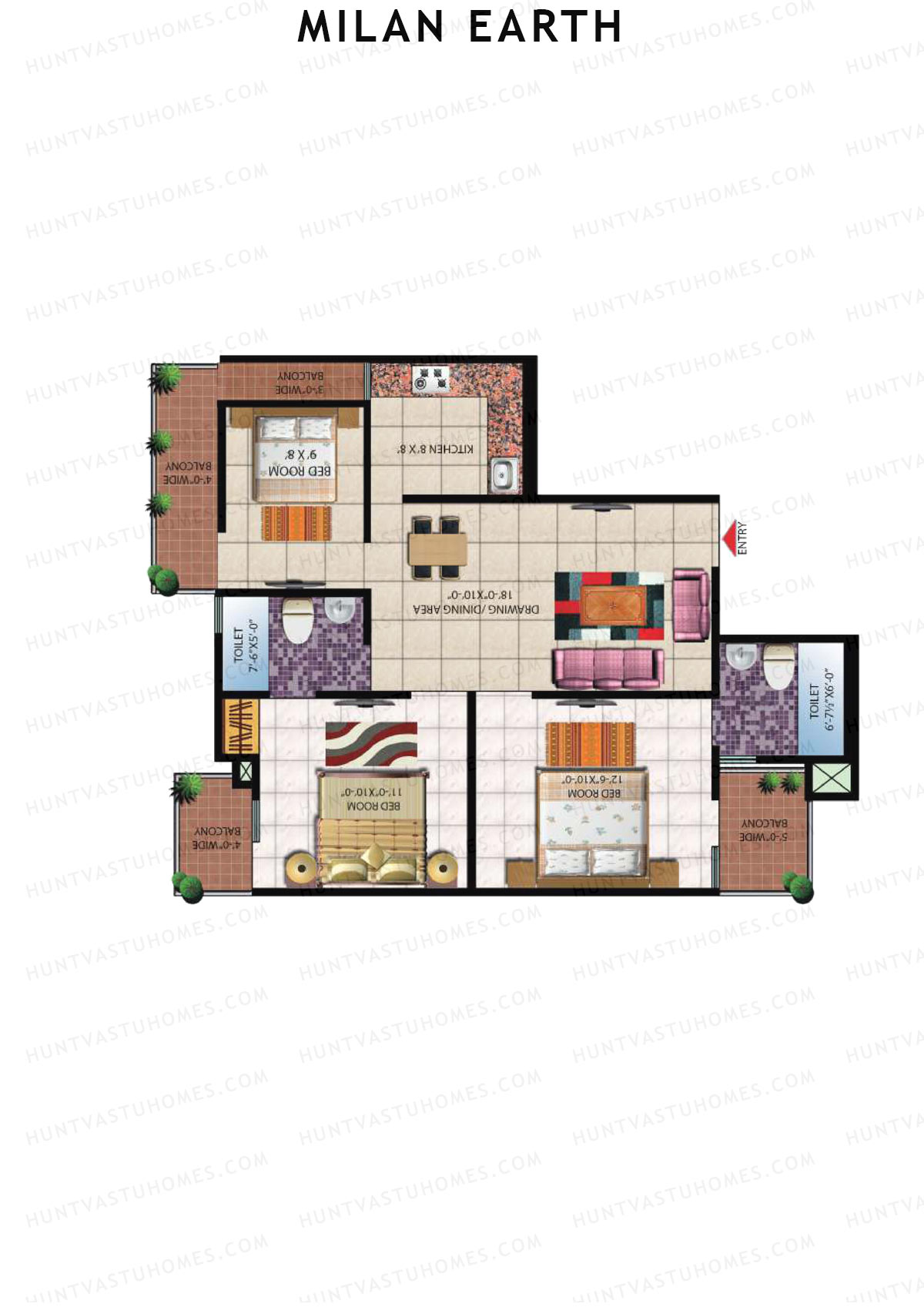 Milan Earth, Block A, Unit 20 (Type 5), 3BHK, Super Area 1240   sq ft 