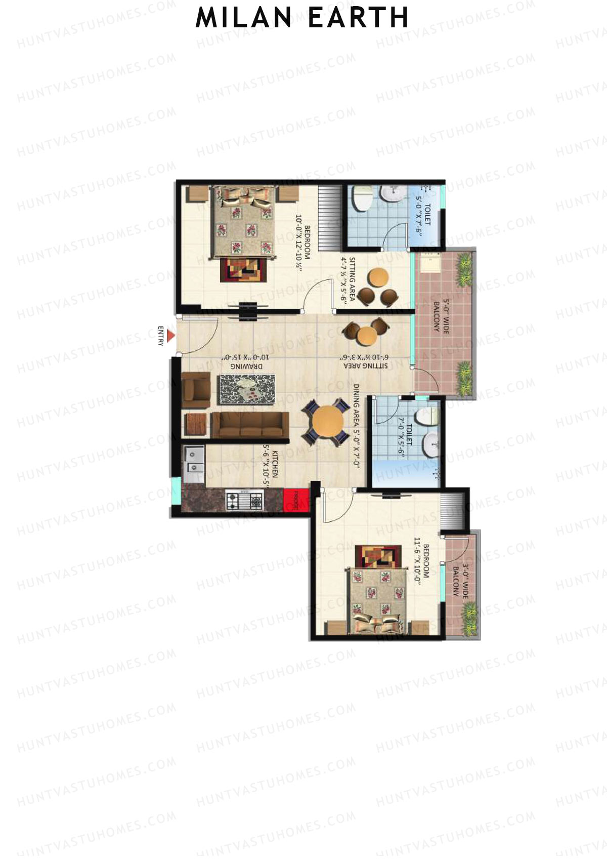 Milan Earth, Block A, Unit 3 (Type 4), 2BHK, Super Area 1165   sq ft 