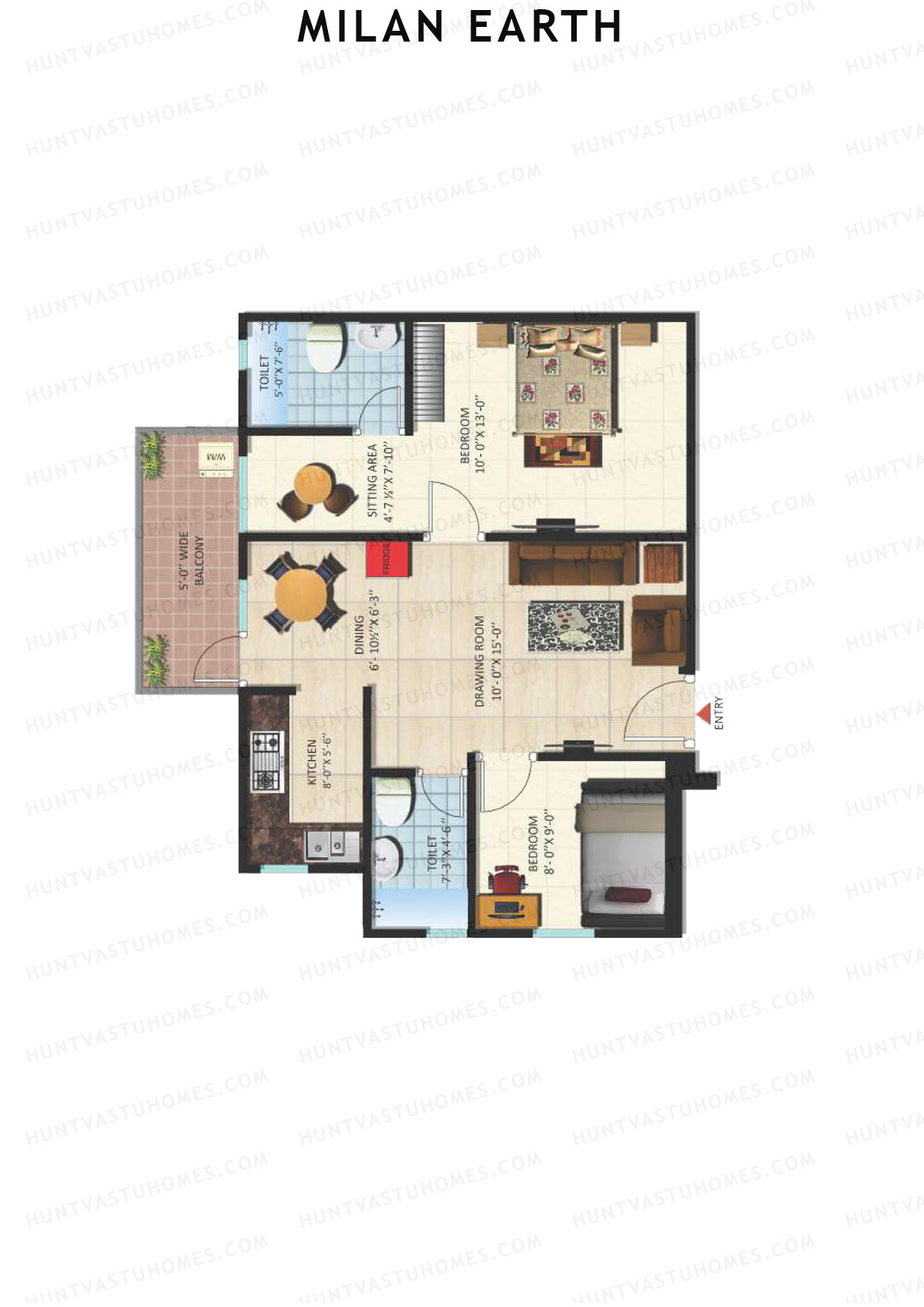 Milan Earth, Block A, Unit 4 (Type 2), 2BHK, Super Area 980   sq ft 