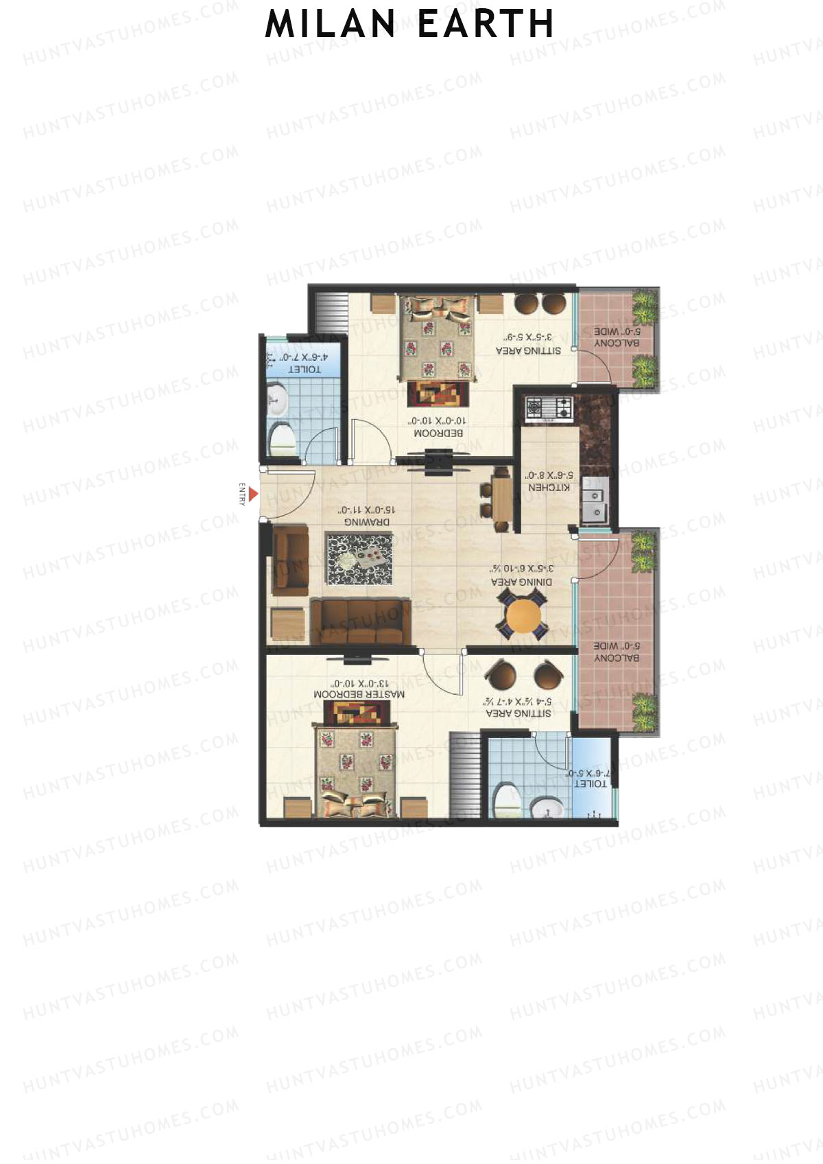 Milan Earth, Block A, Unit 5 (Type 3), 2BHK, Super Area 1095   sq ft 
