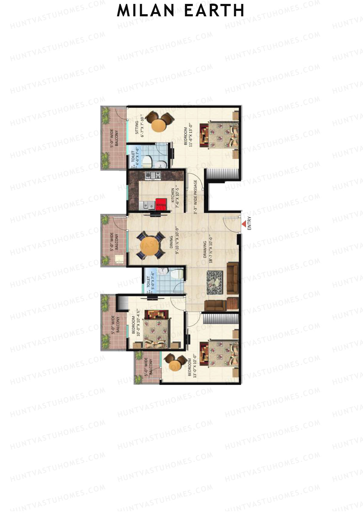 Milan Earth, Block A, Unit 6 (Type 1), 3BHK, Super Area 1765   sq ft 