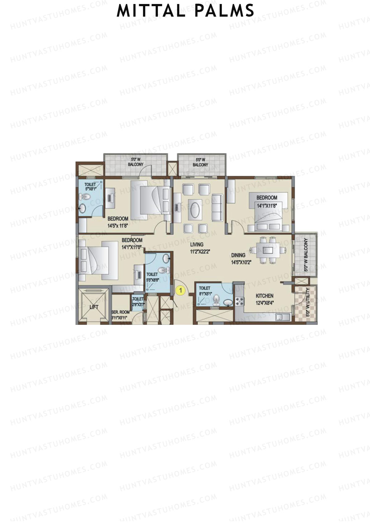 Mittal Palms, Block A, Unit 1, 3BHK, Super Area 1807   sq ft 