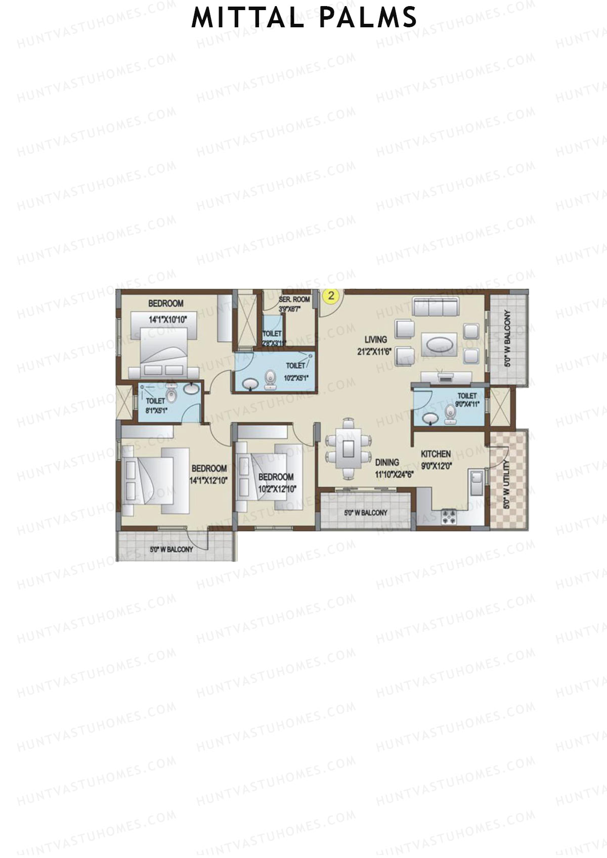 Mittal Palms, Block A, Unit 2, 3BHK, Super Area 1950   sq ft 