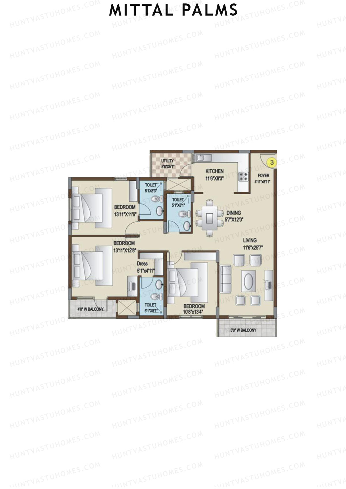 Mittal Palms, Block A, Unit 3, 3BHK, Super Area 1775   sq ft 