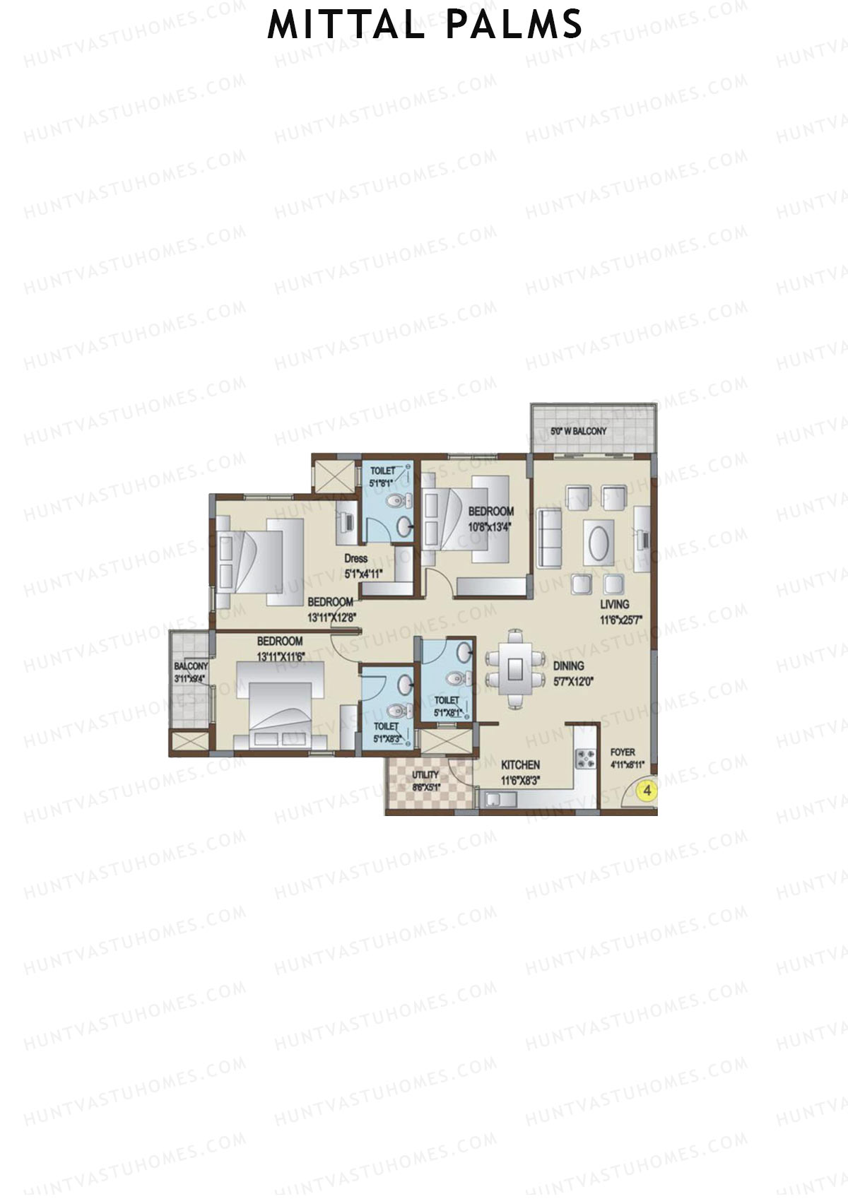 Mittal Palms, Block A, Unit 4, 3BHK, Super Area 1830   sq ft 