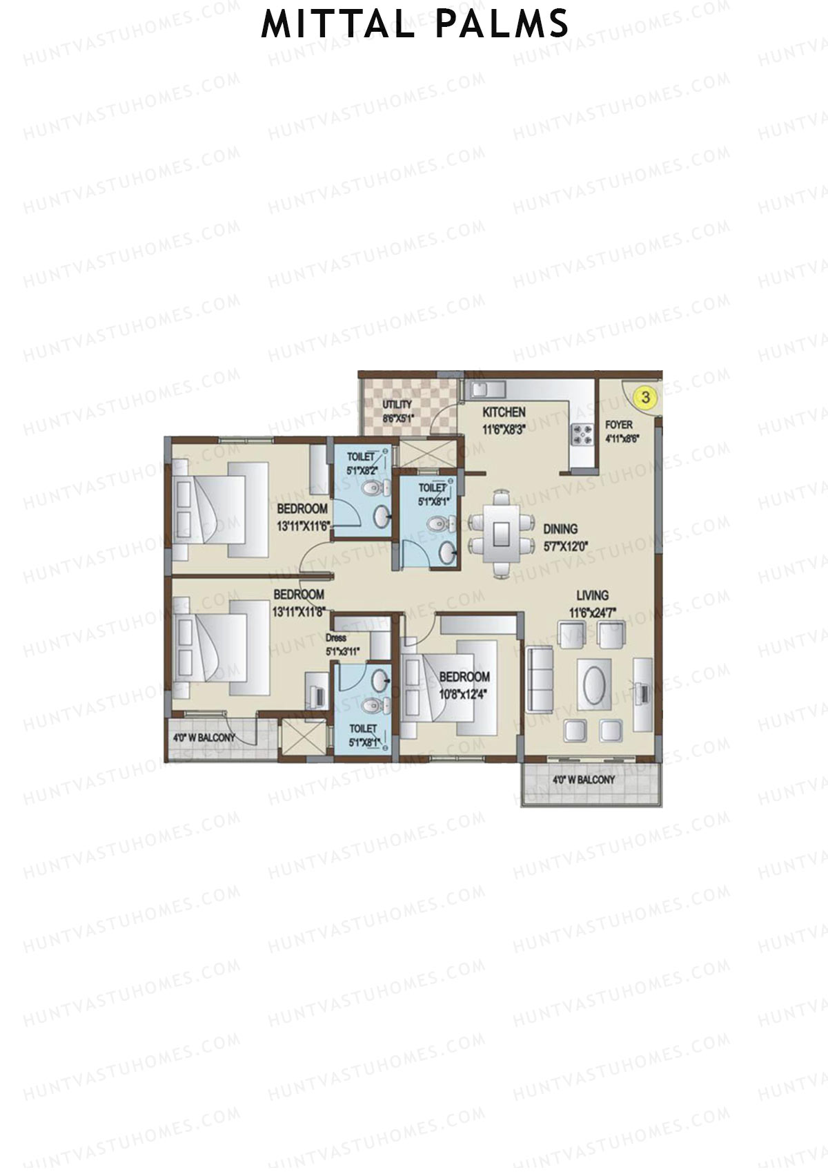 Mittal Palms, Block C, Unit 3, 3BHK, Super Area 1695   sq ft 