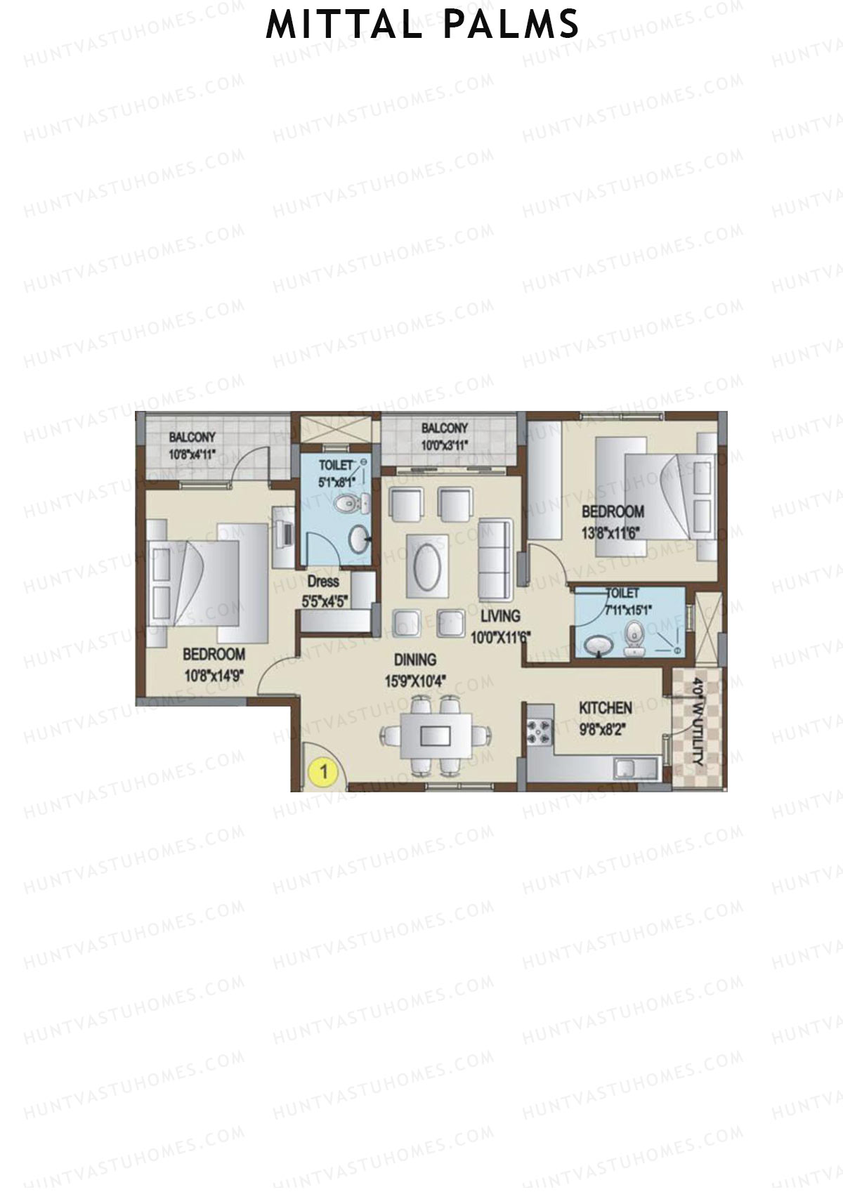 Mittal Palms, Block D, Unit 1, 2BHK, Super Area 1245   sq ft 
