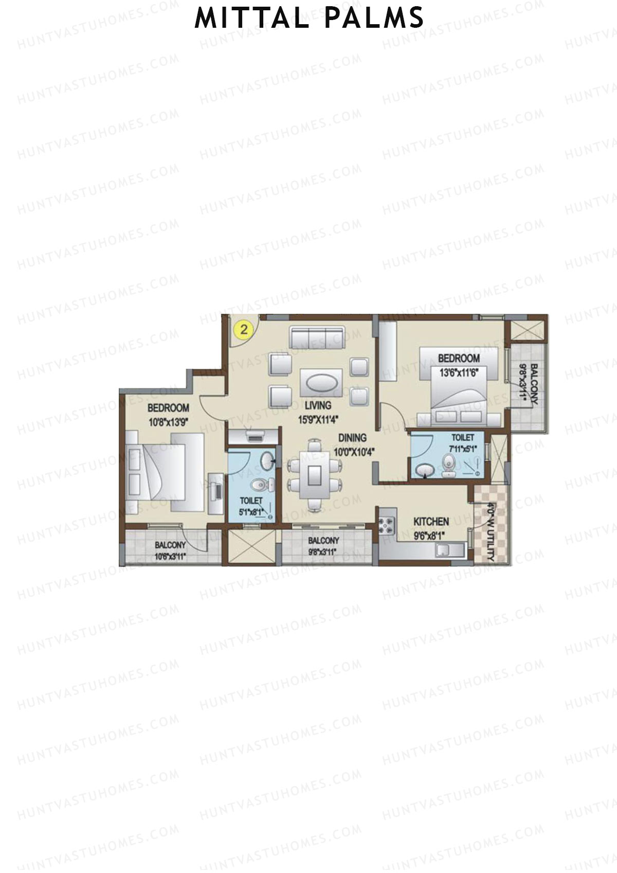 Mittal Palms, Block D, Unit 2, 2BHK, Super Area 1235   sq ft 