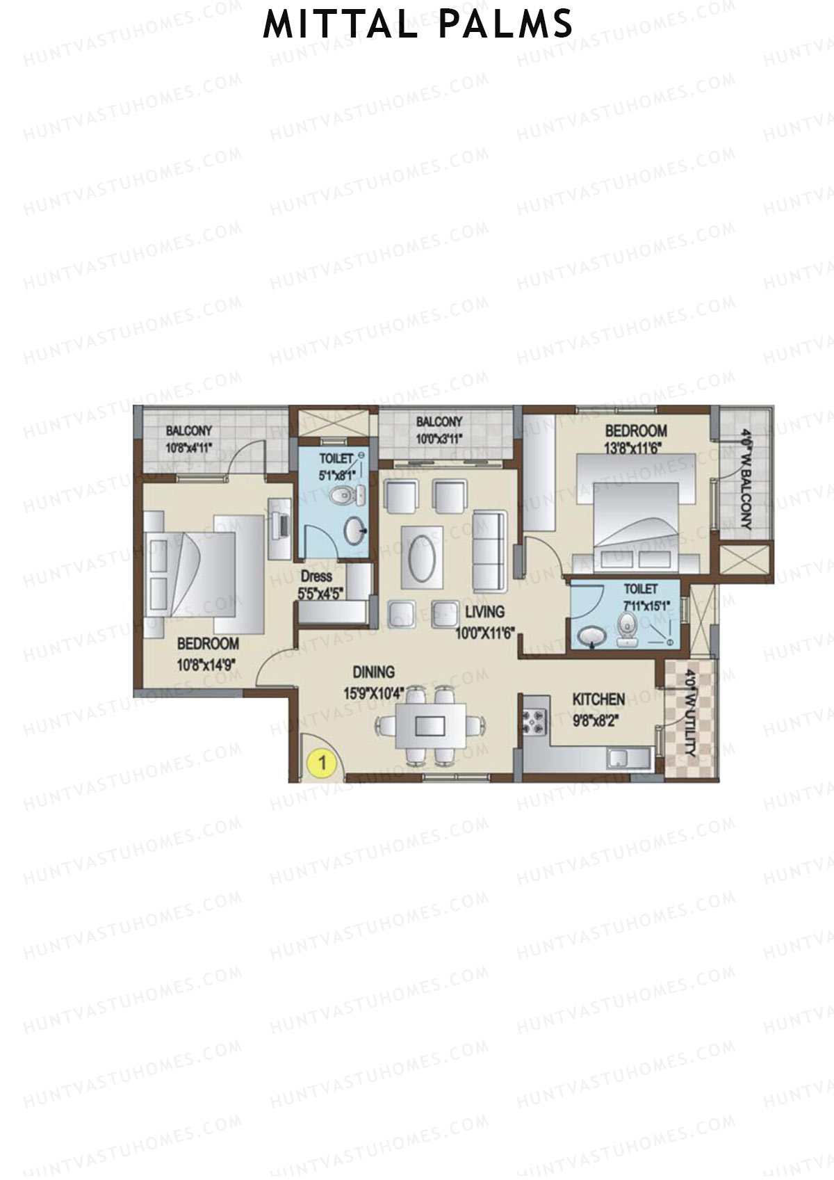 Mittal Palms, Block E, Unit 1, 2BHK, Super Area 1295   sq ft 