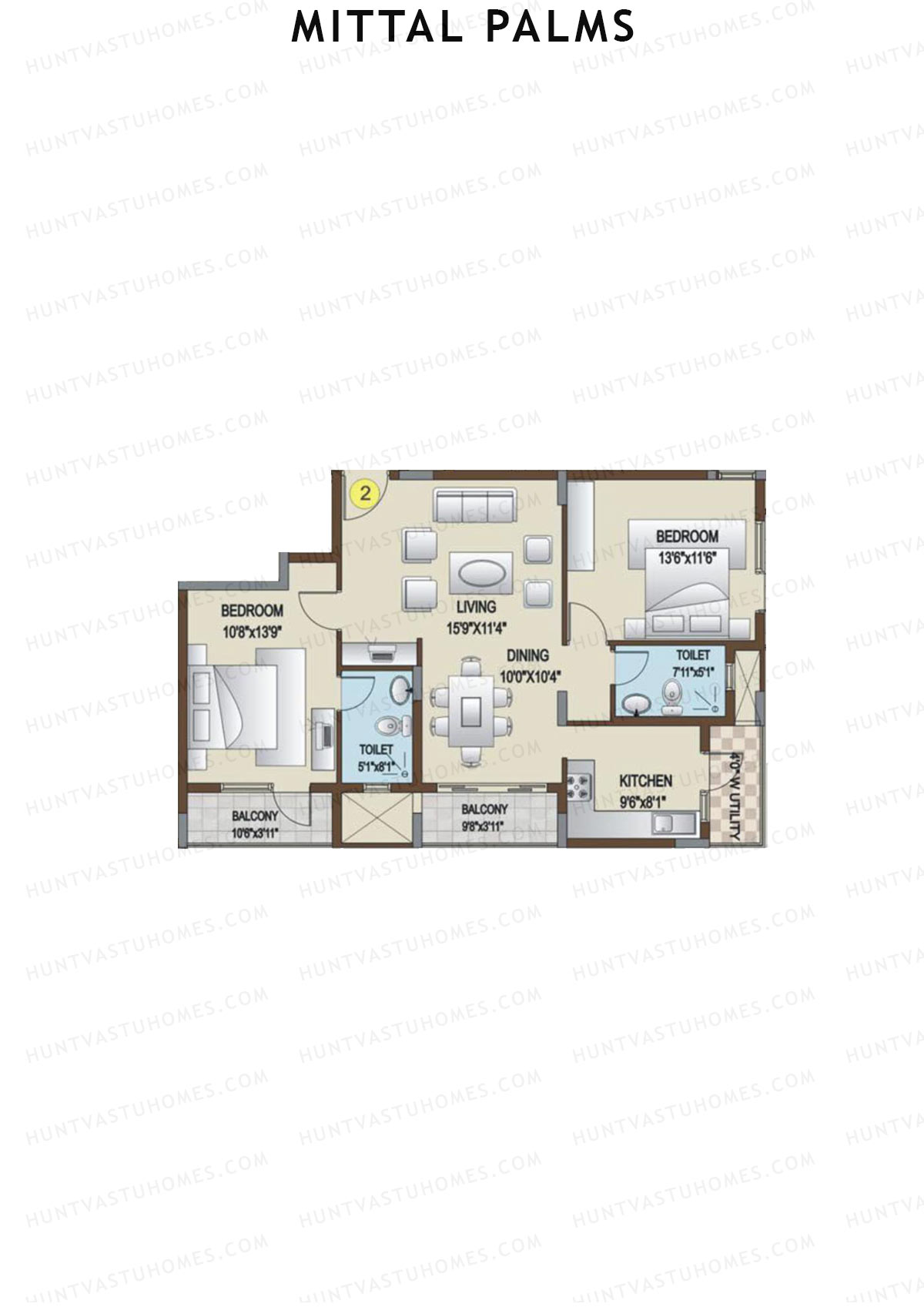 Mittal Palms, Block E, Unit 2, 2BHK, Super Area 1180   sq ft 