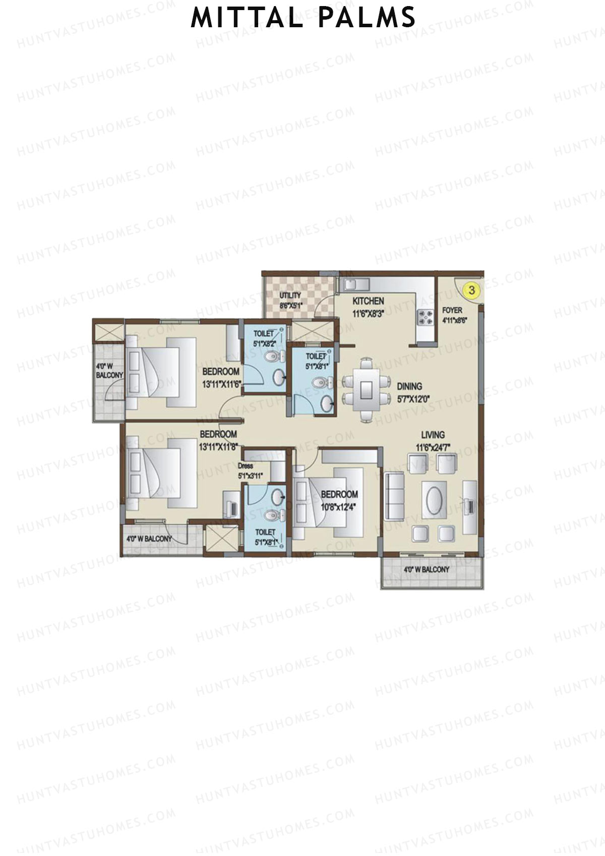 Mittal Palms, Block E, Unit 3, 3BHK, Super Area 1750   sq ft 