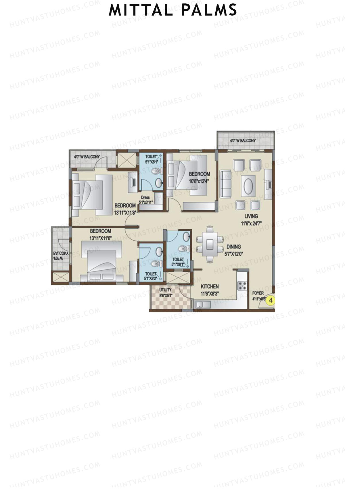 Mittal Palms, Block E, Unit 4, 3BHK, Super Area 1755   sq ft 