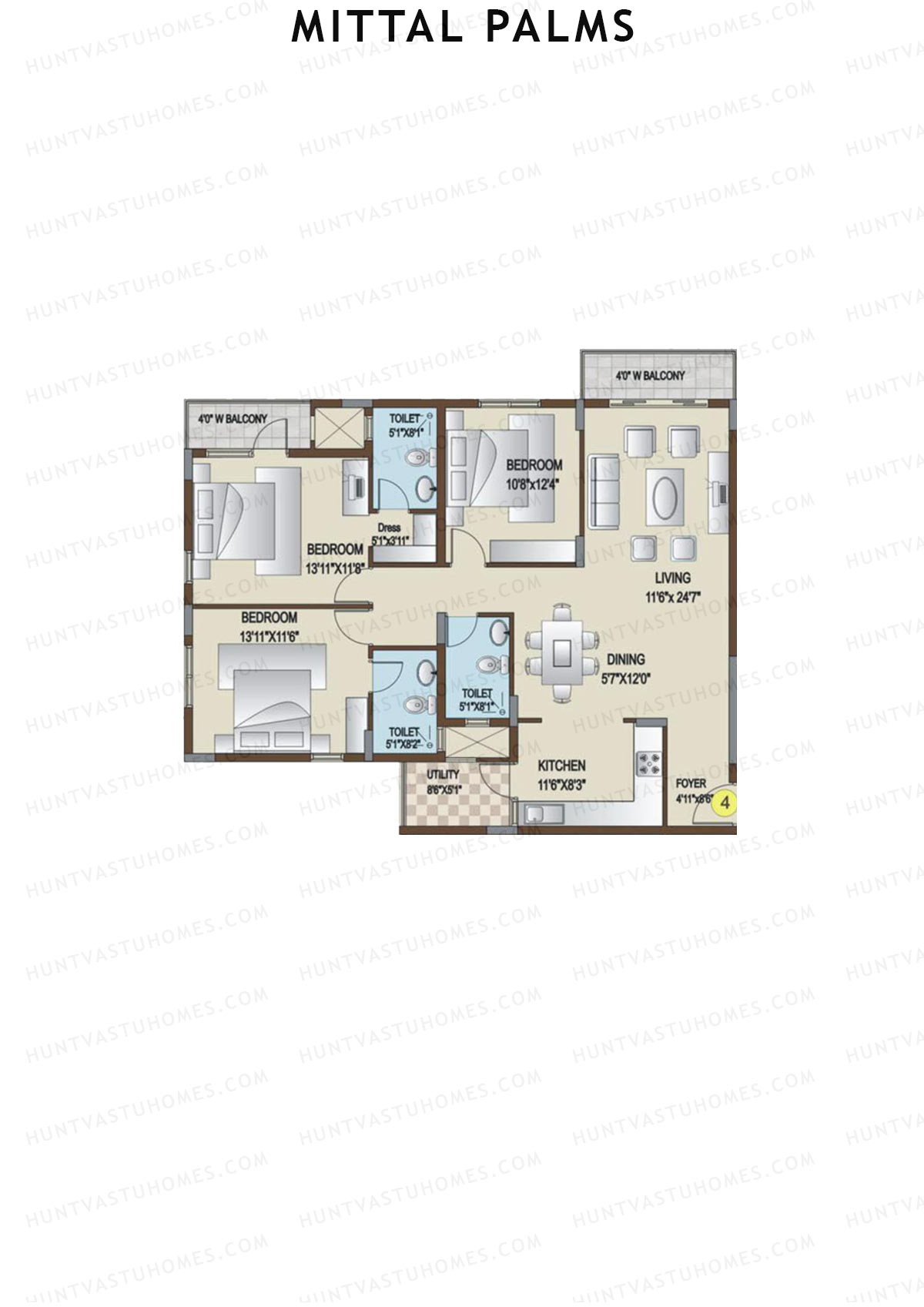 Mittal Palms, Block F, Unit 4, 3BHK, Super Area 1700   sq ft 