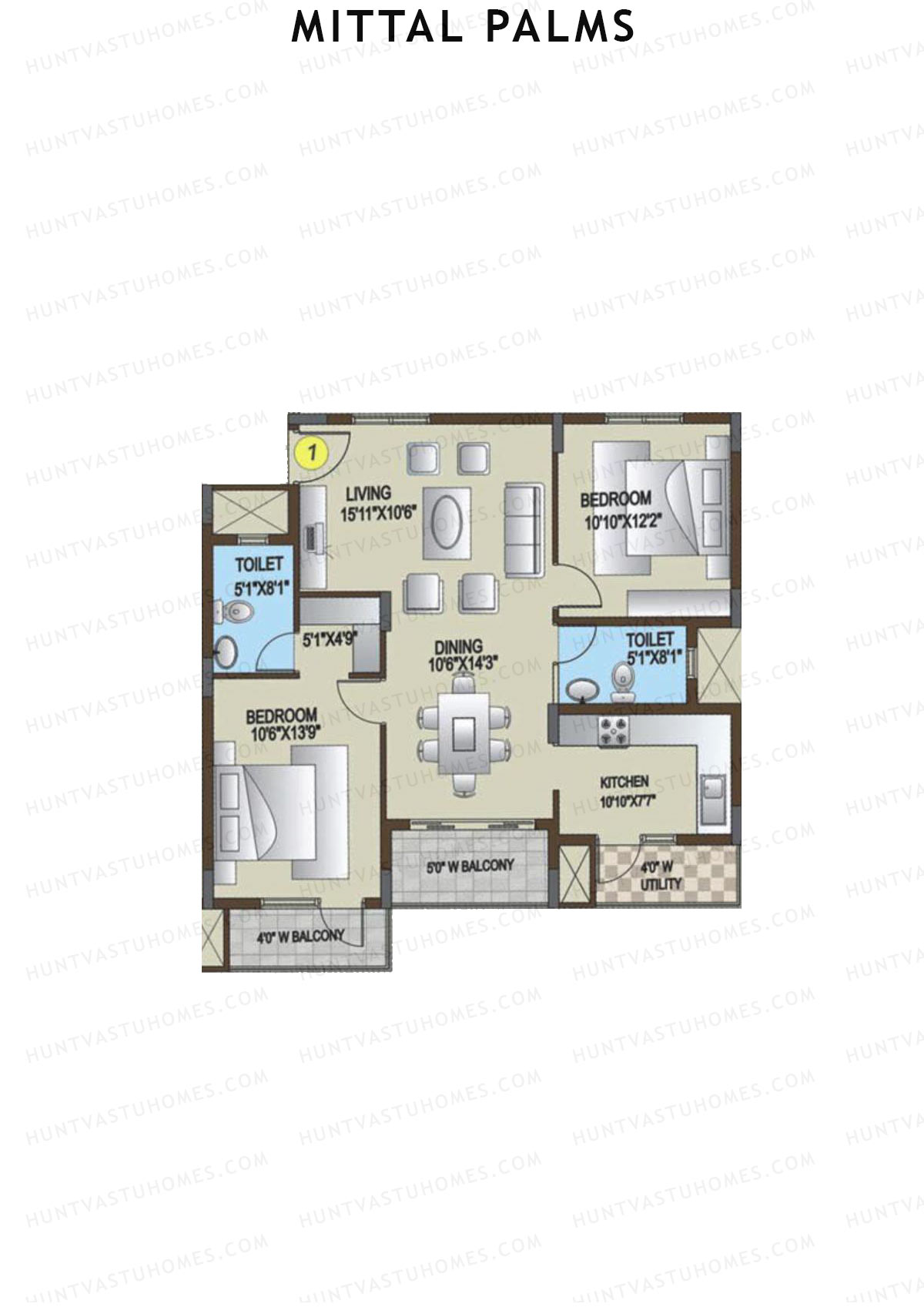 Mittal Palms, Block G, Unit 1, 2BHK, Super Area 1220   sq ft 