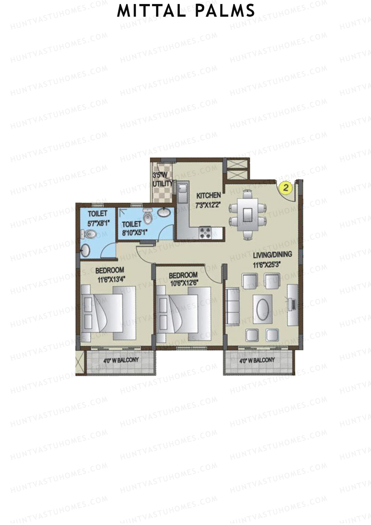 Mittal Palms, Block G, Unit 2, 2BHK, Super Area 1210   sq ft 