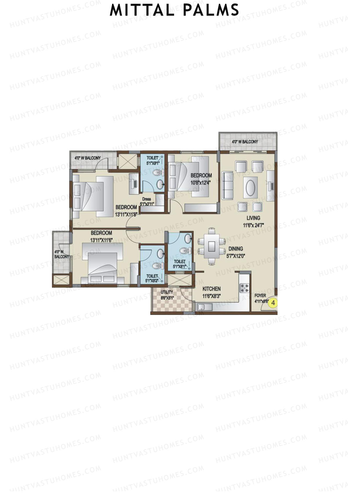 Mittal Palms, Block G, Unit 4, 3BHK, Super Area 1755   sq ft 