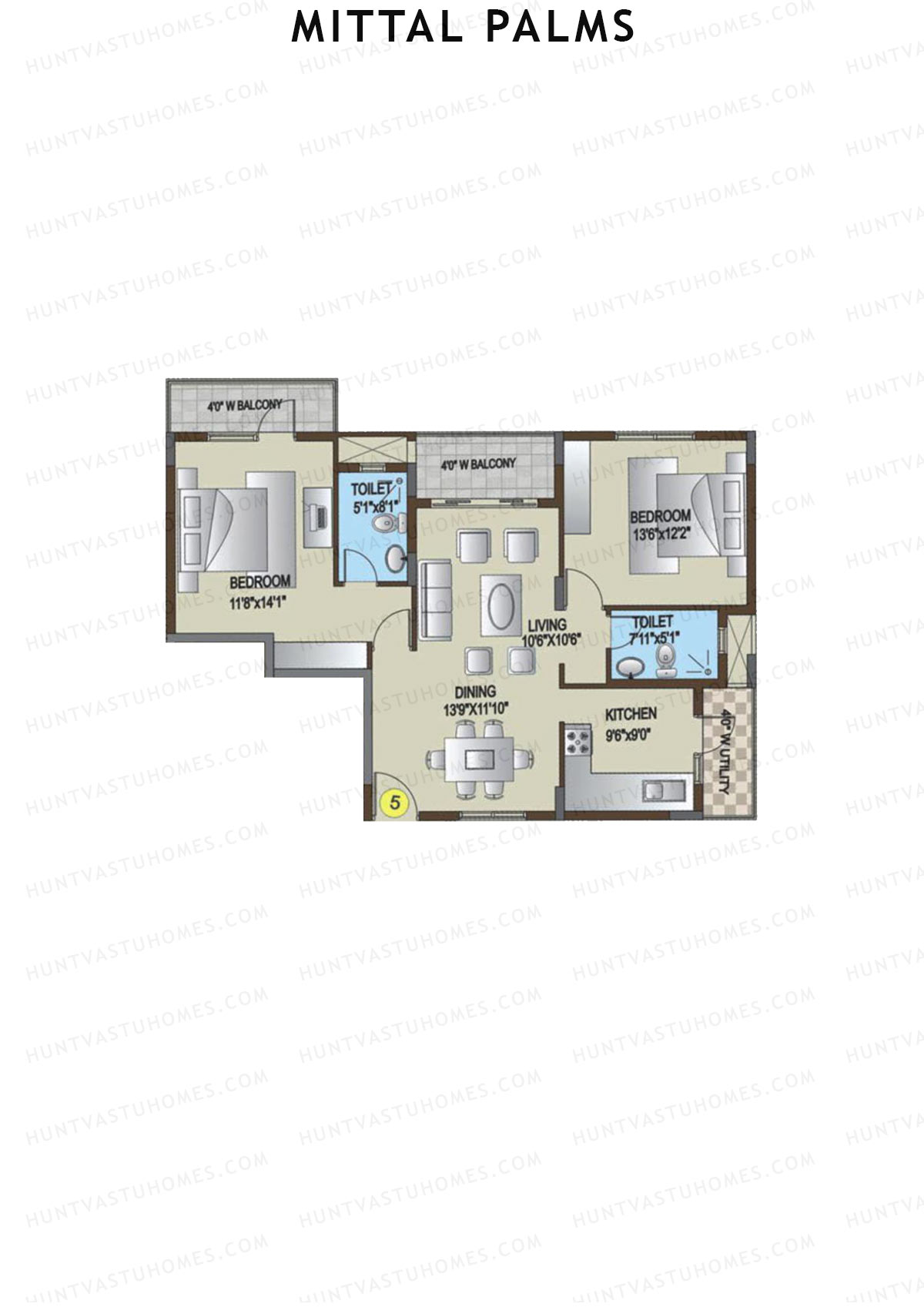 Mittal Palms, Block G, Unit 5, 2BHK, Super Area 1300   sq ft 