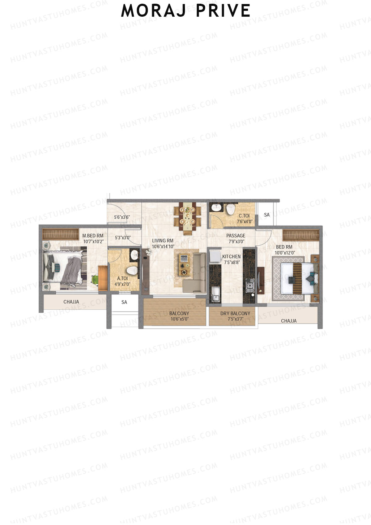 Moraj Prive, Tower A, Unit 1, 2BHK, Super Area 731   sq ft 