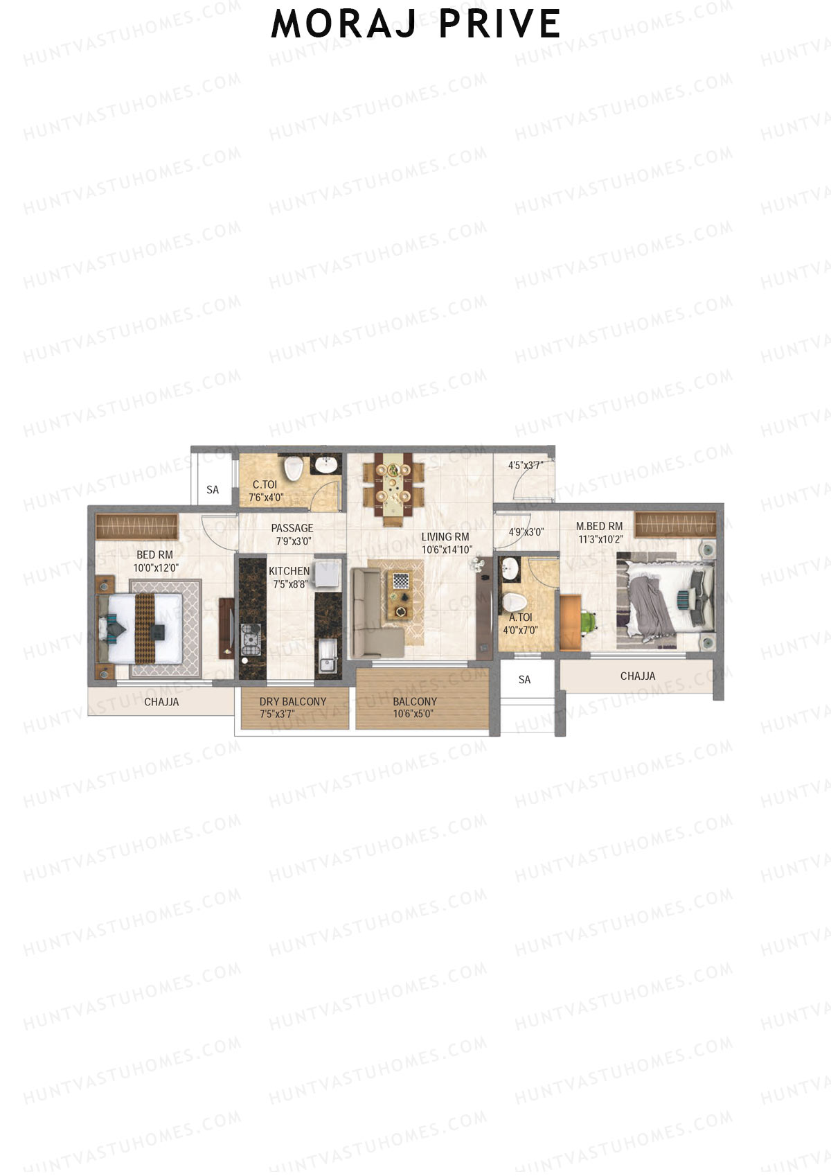 Moraj Prive, Tower A, Unit 2, 2BHK, Super Area 719   sq ft 