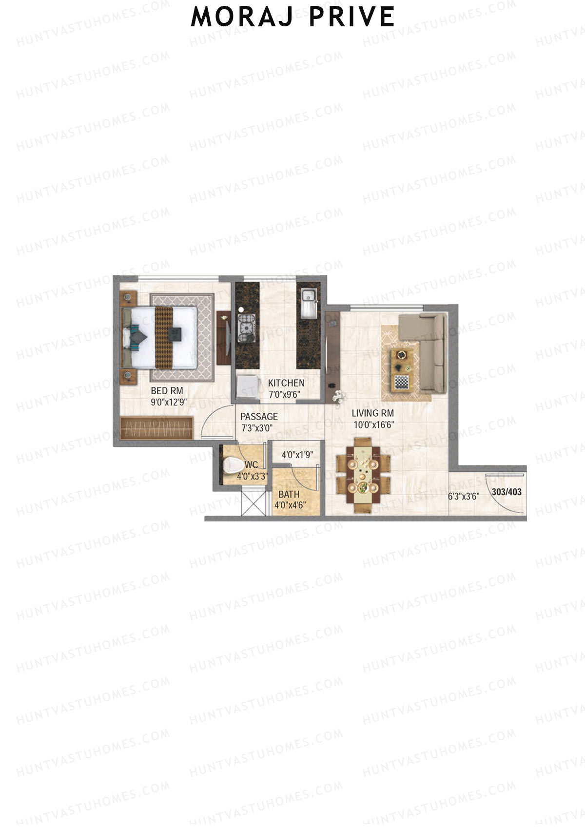 Moraj Prive, Tower A, Unit 3, 1BHK, Super Area 491   sq ft 
