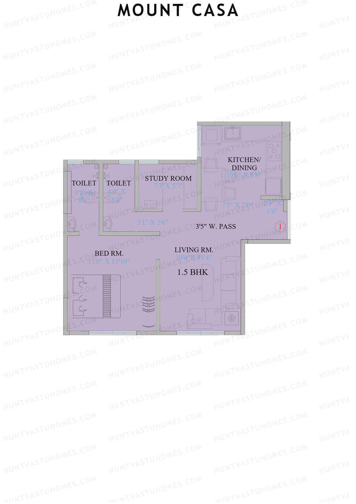 Mount Casa, Tower 1, Unit 1, 1BHK, Carpet Area 542   sq ft 