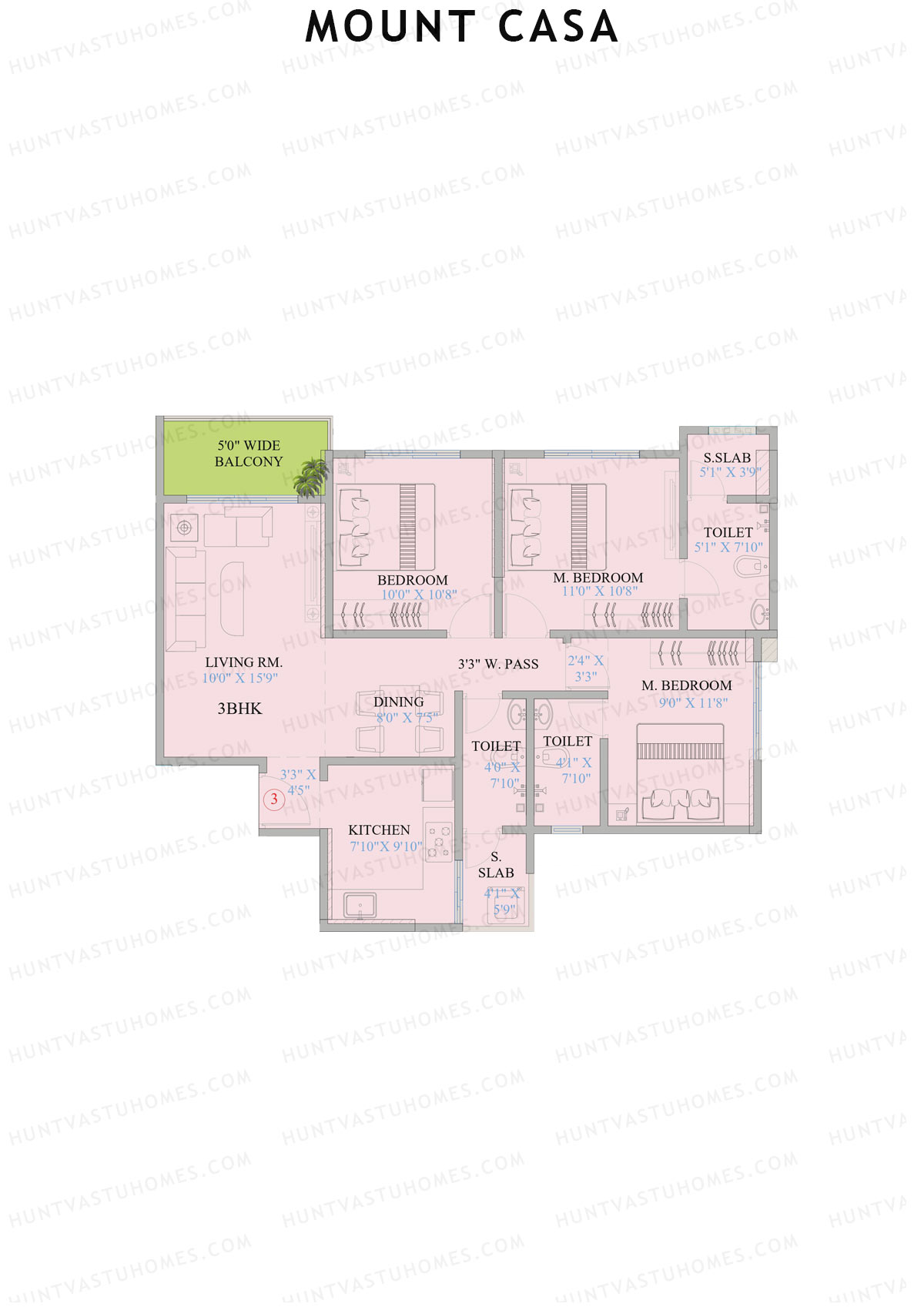 Mount Casa, Tower 1, Unit 3, 3BHK, Carpet Area 926   sq ft 