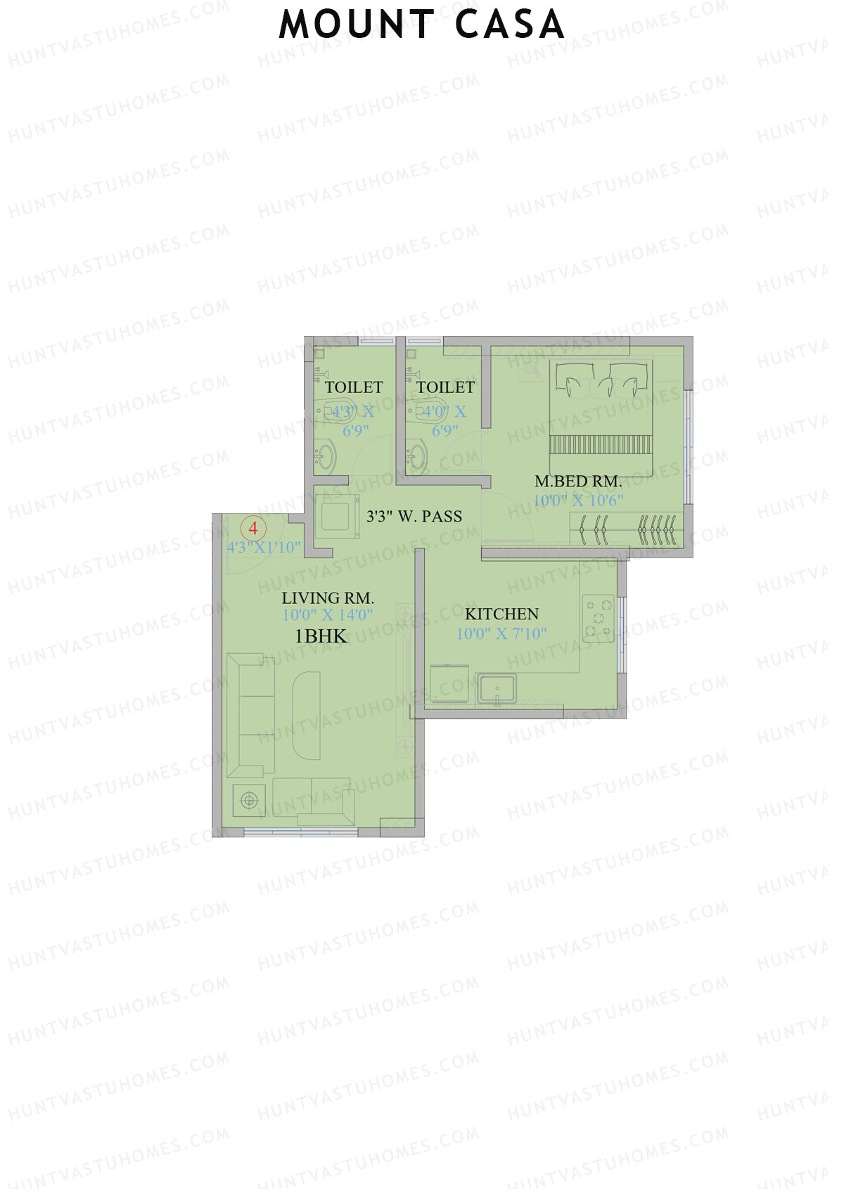 Mount Casa, Tower 1, Unit 4, 1BHK, Carpet Area 442   sq ft 