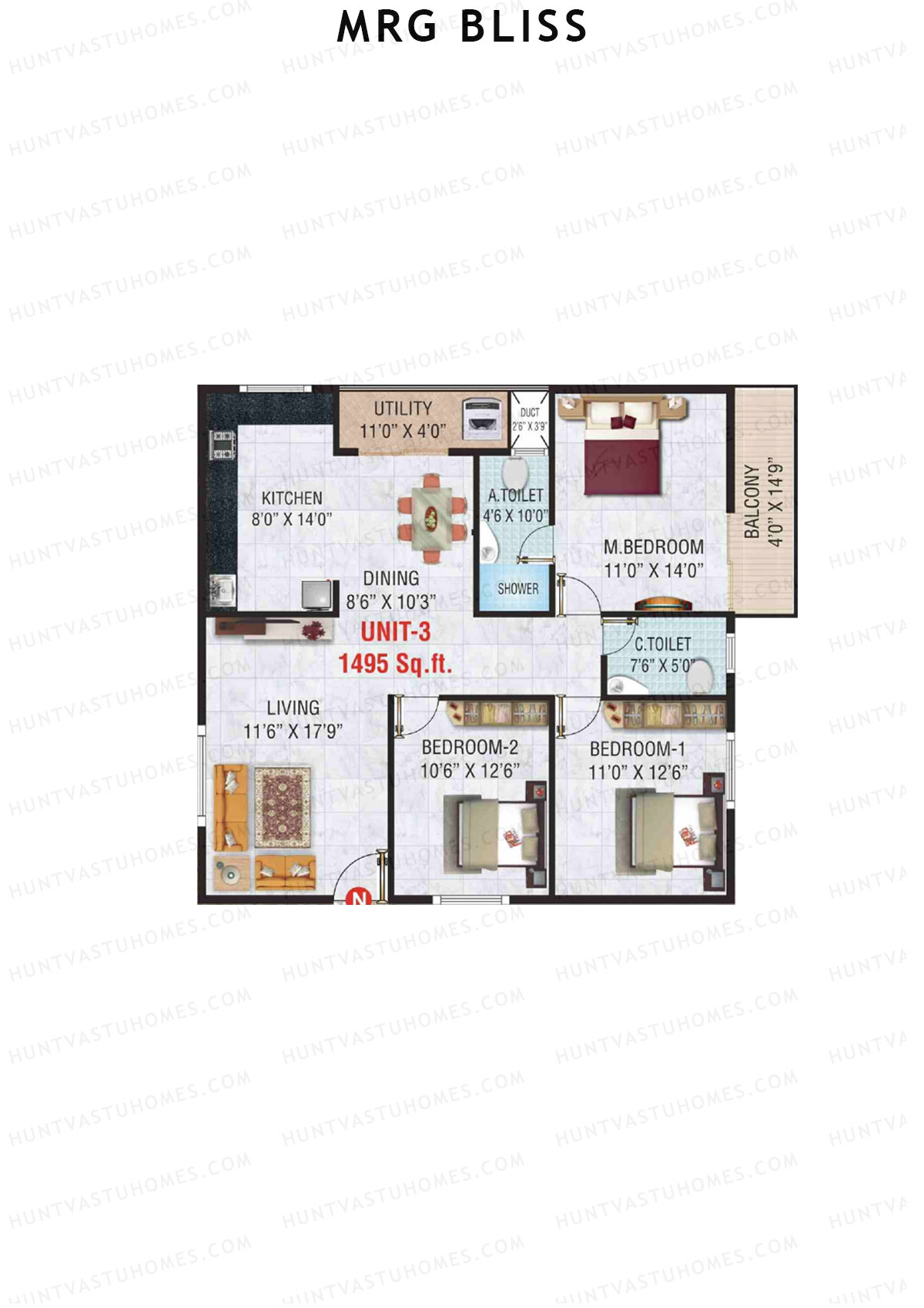 MRG Bliss Block A Wing D Unit 3 Floor Plan
