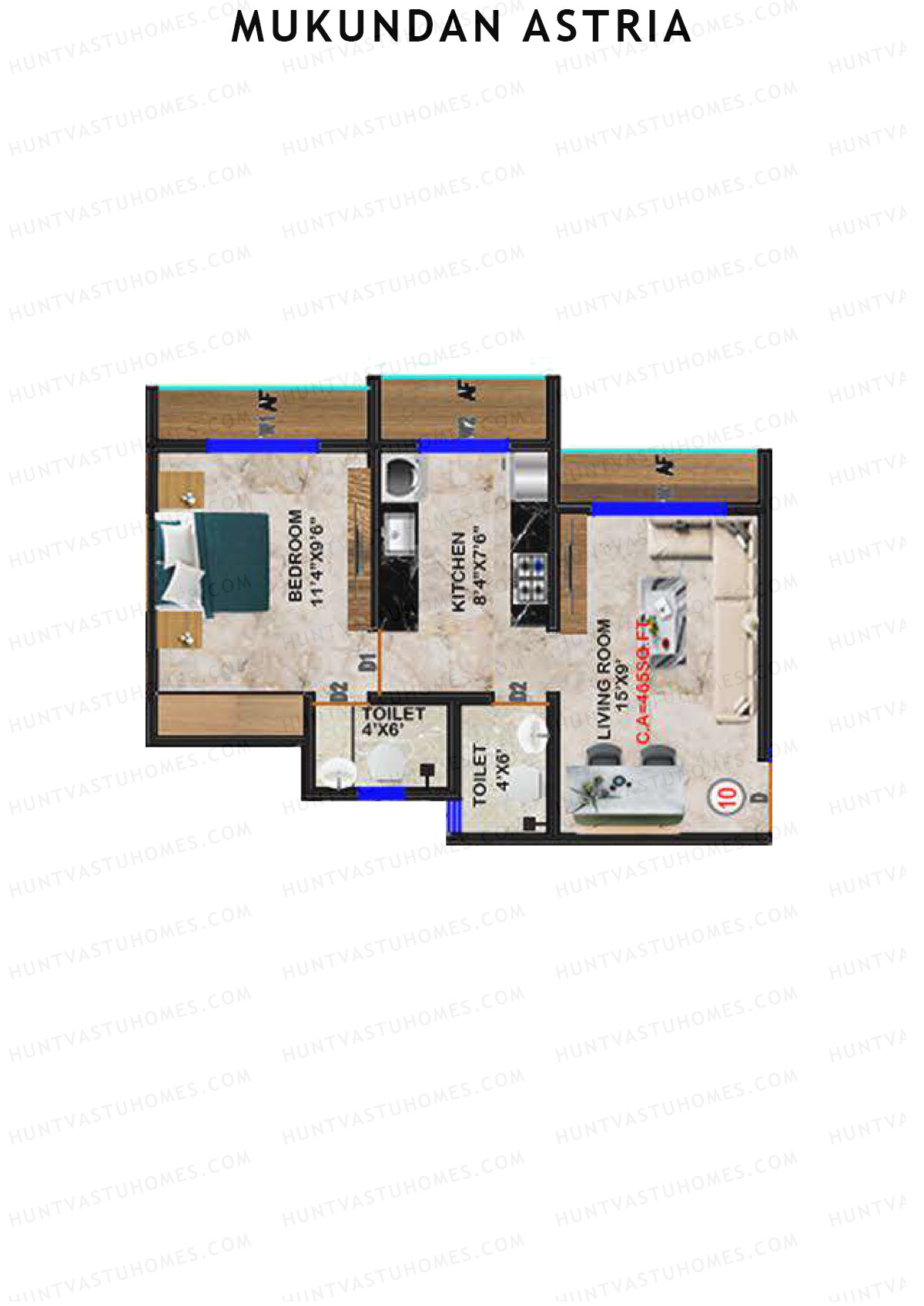 Mukundan Astria, Wing A, Unit 10, 1BHK, Carpet Area 465   sq ft 