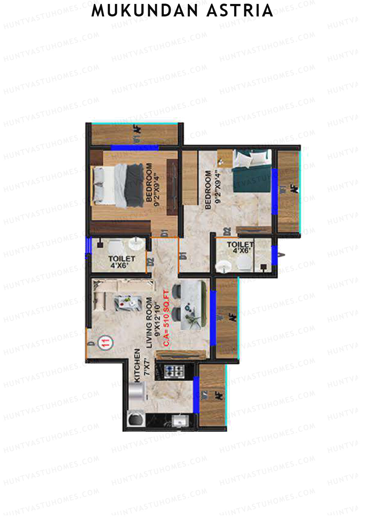 Mukundan Astria, Wing A, Unit 11, 2BHK, Carpet Area 510   sq ft 