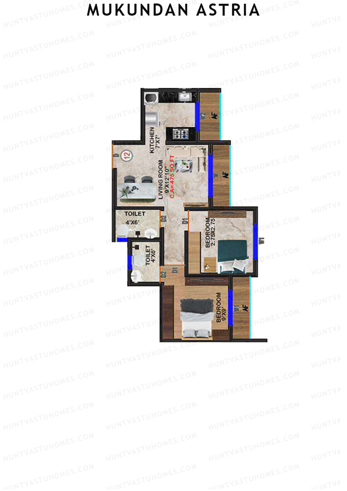 Mukundan Astria, Wing A, Unit 12, 2BHK, Carpet Area 475   sq ft 