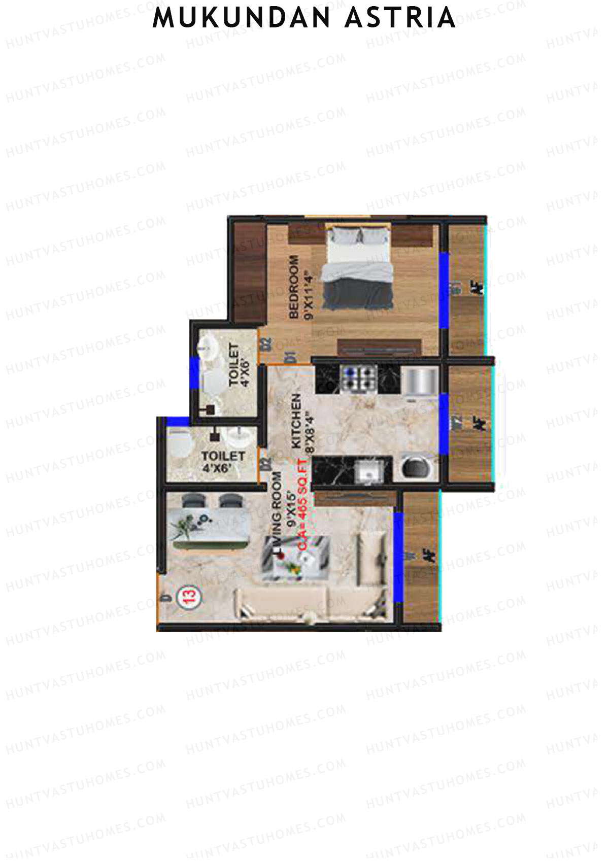 Mukundan Astria, Wing A, Unit 13, 1BHK, Carpet Area 465   sq ft 