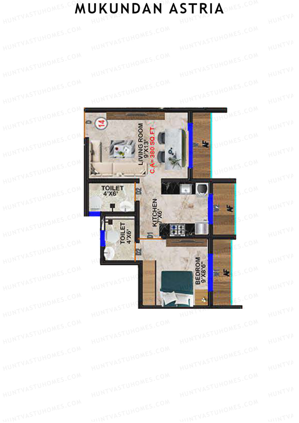 Mukundan Astria, Wing A, Unit 14, 1BHK, Carpet Area 380   sq ft 