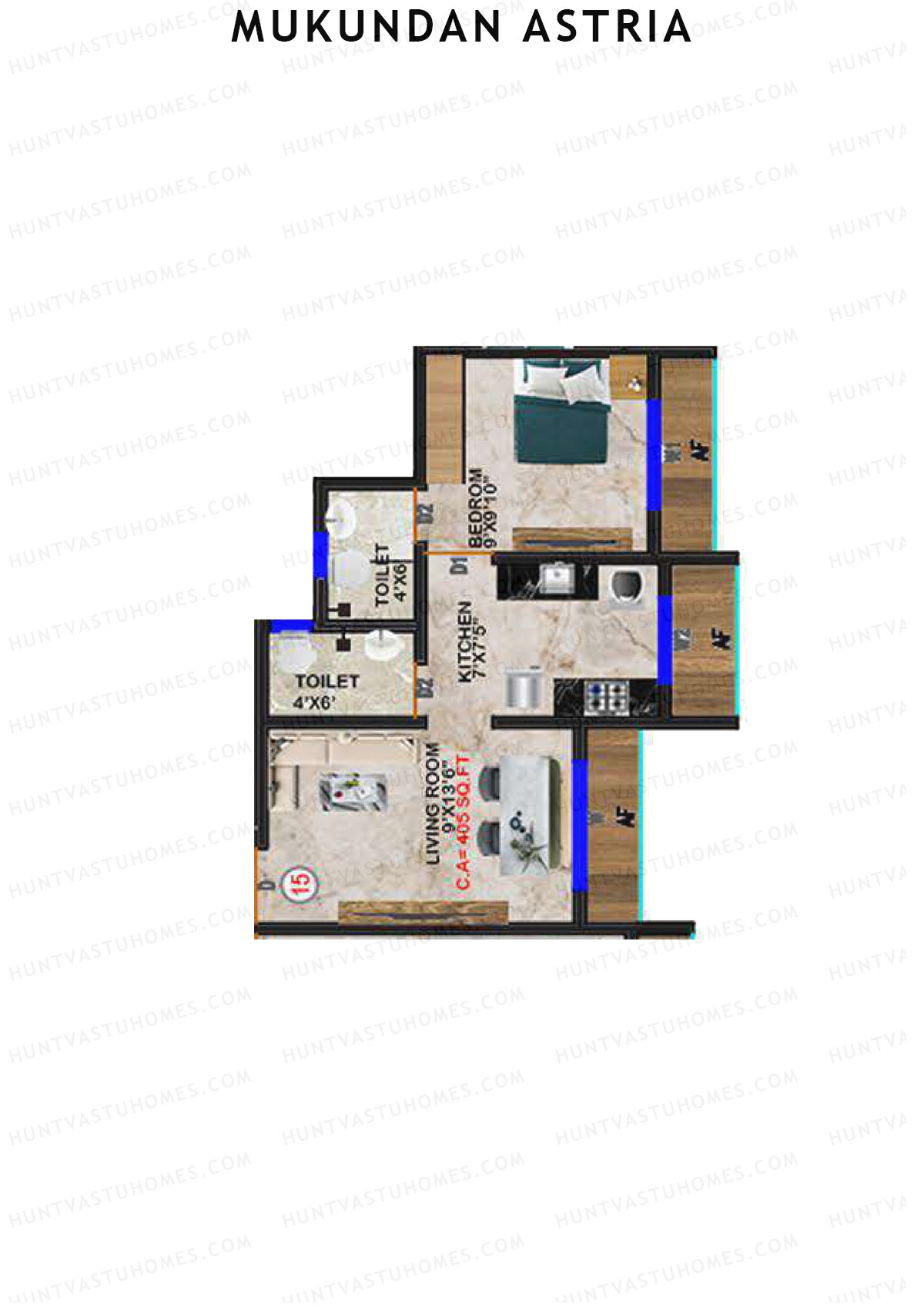 Mukundan Astria, Wing A, Unit 15, 1BHK, Carpet Area 405   sq ft 