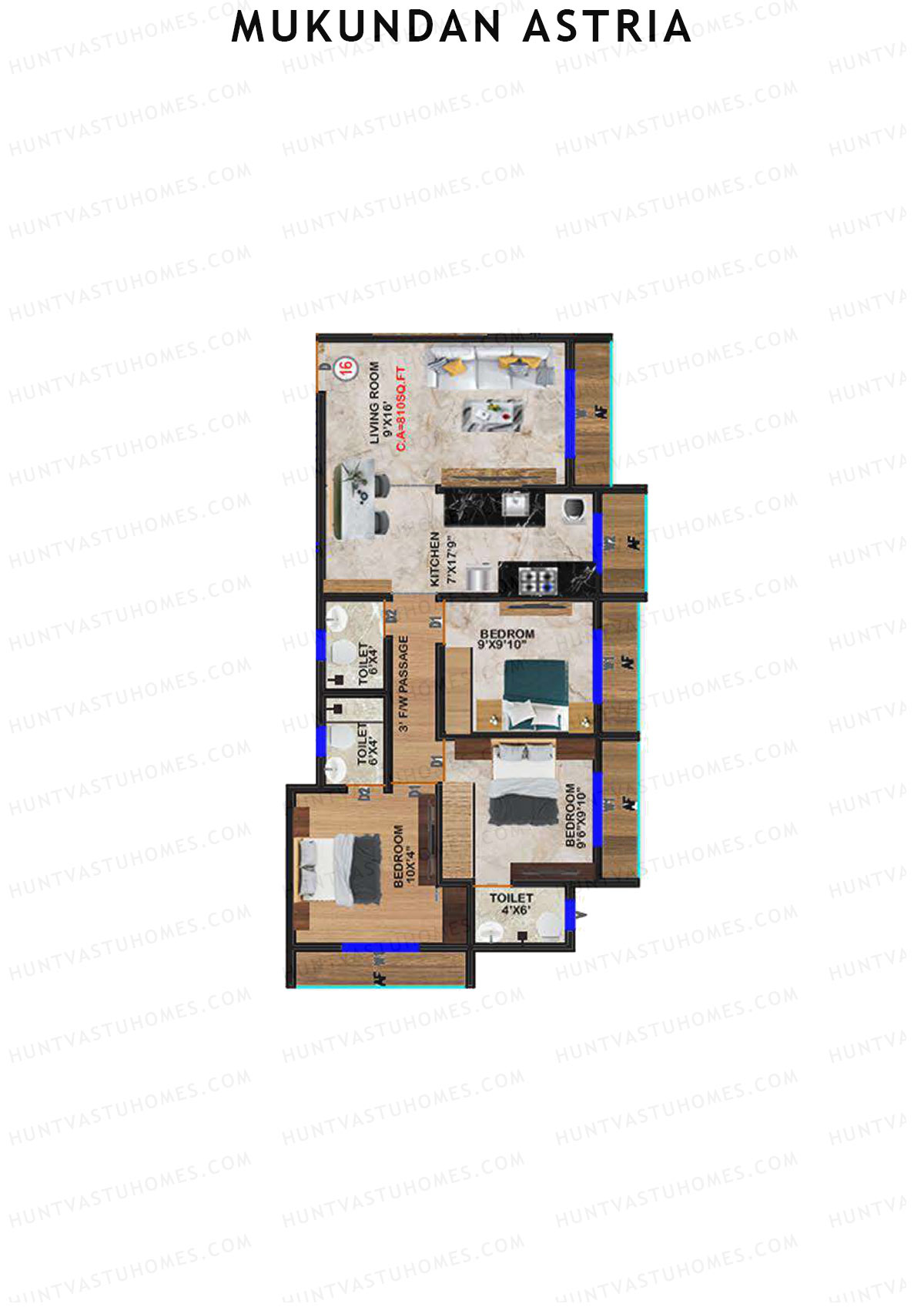 Mukundan Astria, Wing A, Unit 16, 3BHK, Carpet Area 810   sq ft 