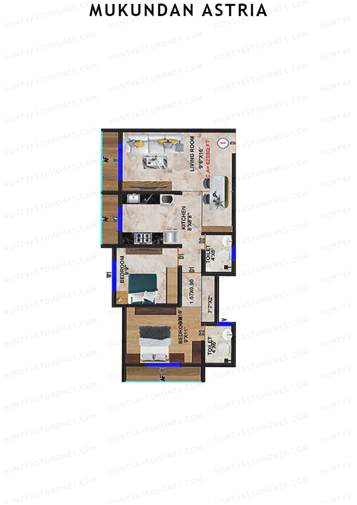 Mukundan Astria, Wing A, Unit 1, 2BHK, Carpet Area 625   sq ft 